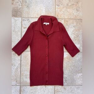 Madewell Ribbed Button-Up Short Sleeve Top in Deep Red
